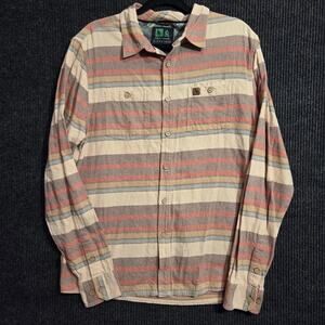 HippyTree Flannel Striped Beige Red Gray Button Down Shirt Men's M 100% Cotton